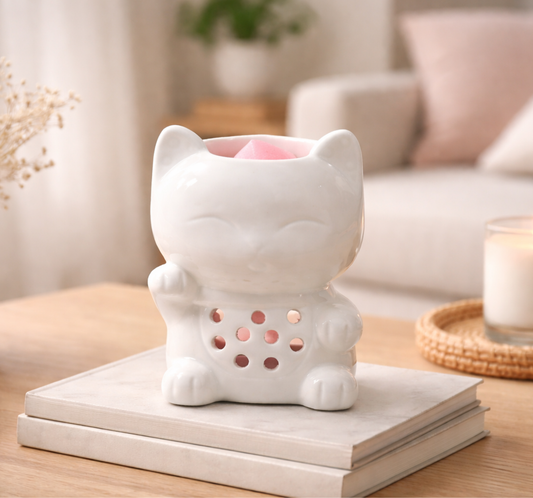 Brûle-parfum Maneki-neko chat blanc souriant - décoration zen et cocooning - Lolynap
