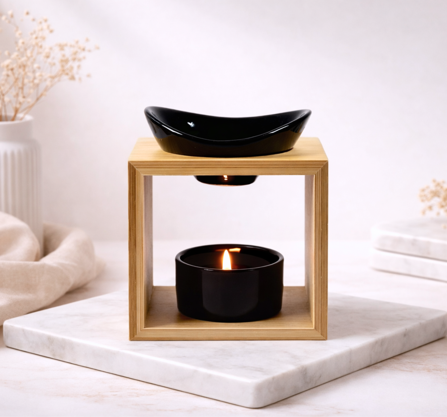 Brûle-parfum bien-être design épuré effet bois et coupelle noire - Lolynap