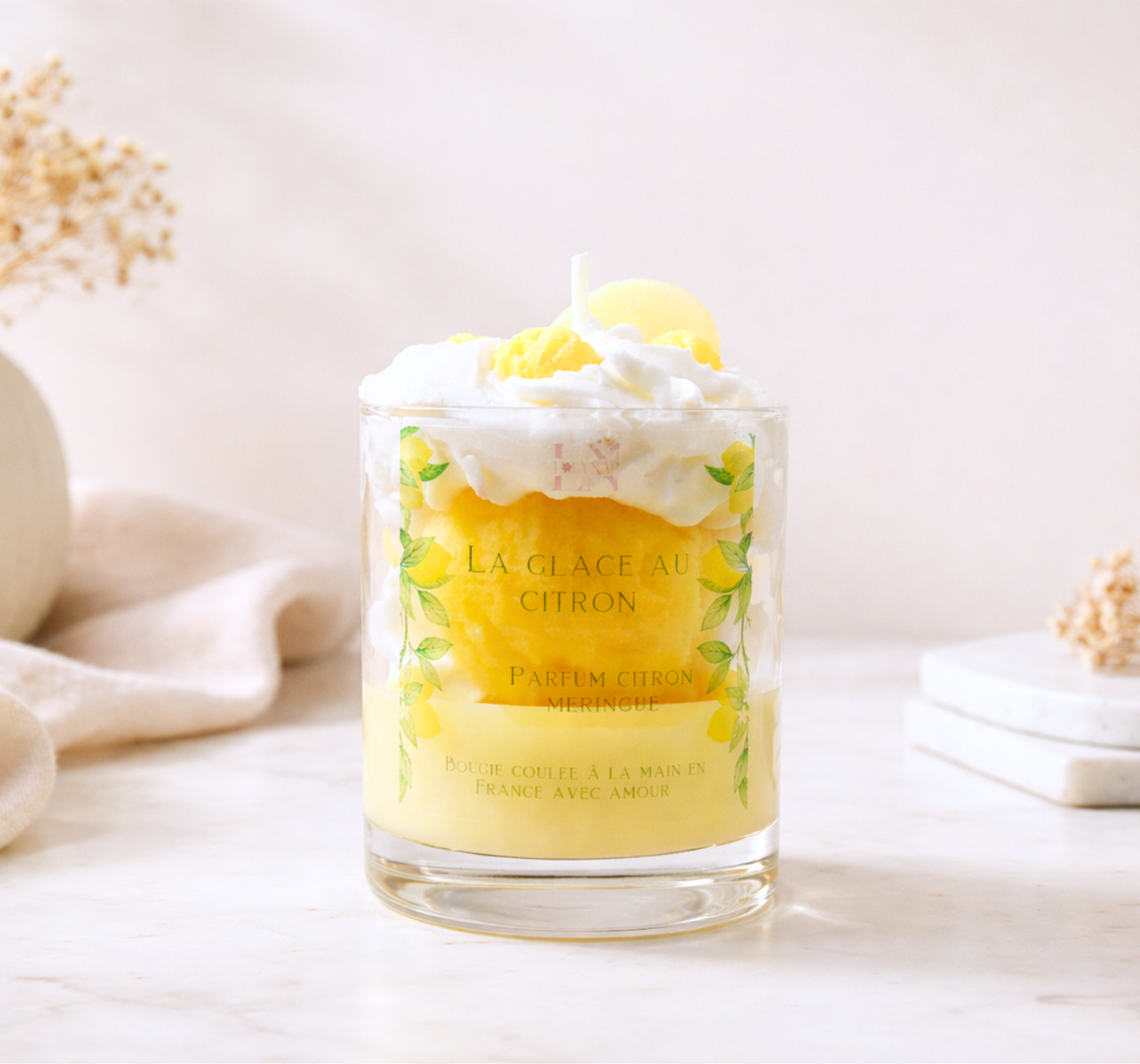 Bougie gourmande parfum citron meringué La glace au citron - cire de soja végétale - Lolynap