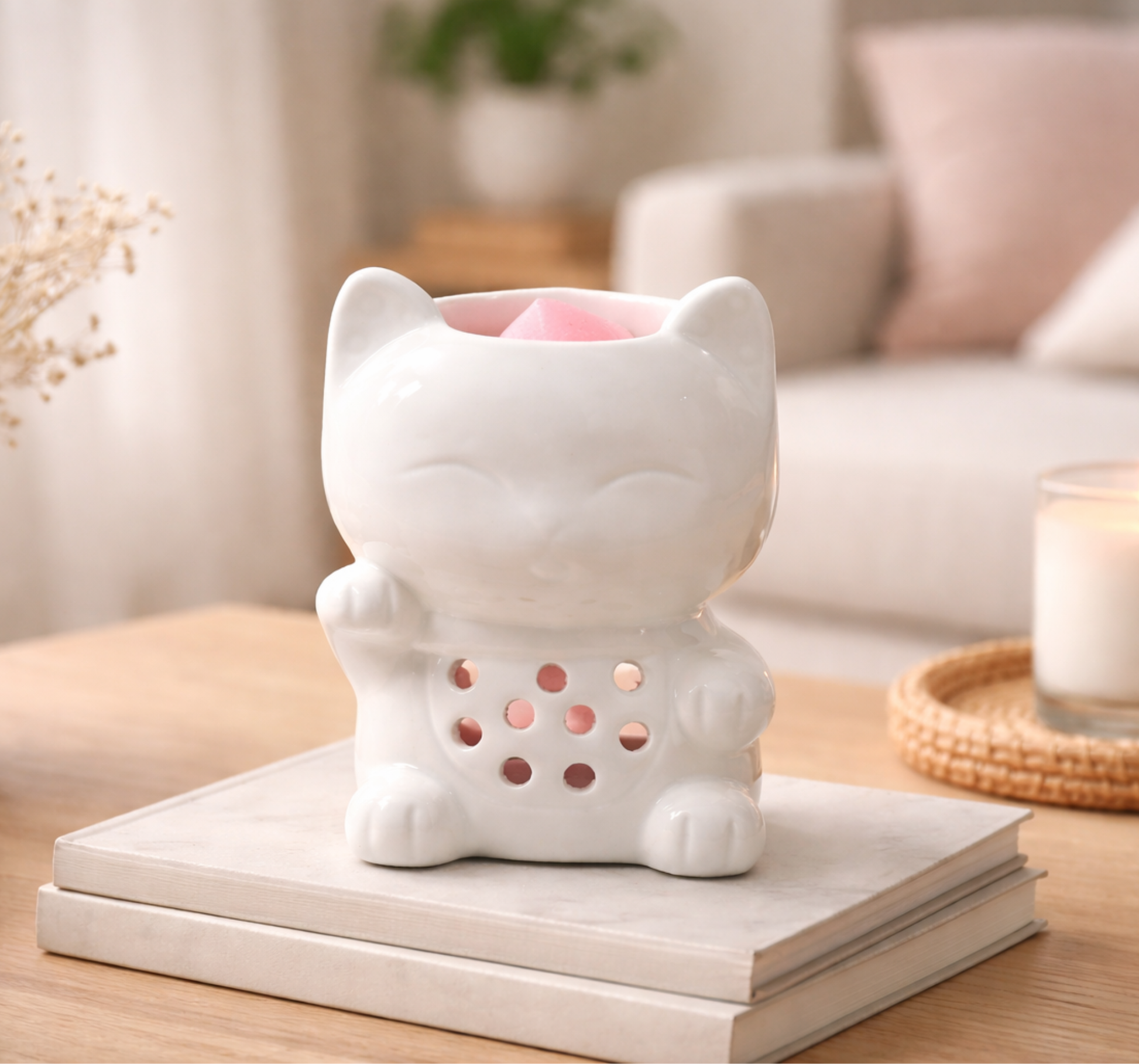 Brûle-parfum Maneki-neko chat blanc souriant - décoration zen et cocooning - Lolynap
