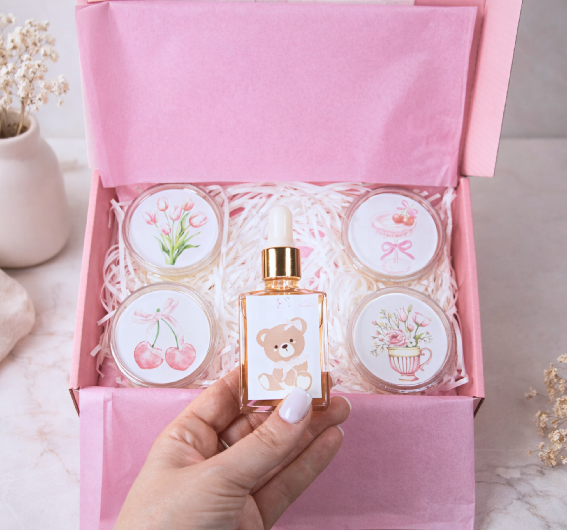 Coffret cadeau cocooning rose - fondants linge propre cachemire fleur de coton - fait main - Lolynap